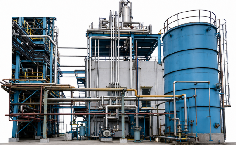 Large industrial process plant with tanks, piping, and structural steel framework